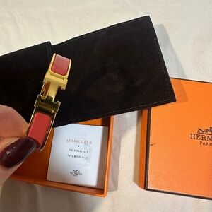 Hermès Gold and Pink H Enamel Bracelet
